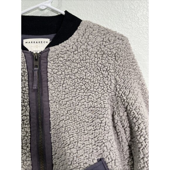 Marrakech Sherpa Bomber Jacket Gray Black Trim Zipper‎ Pockets Womens XS - Picture 2 of 8